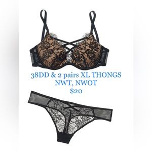 NWT & NWOT AM 38DD Black lace Contour Plunge bra with two pair of black thongs